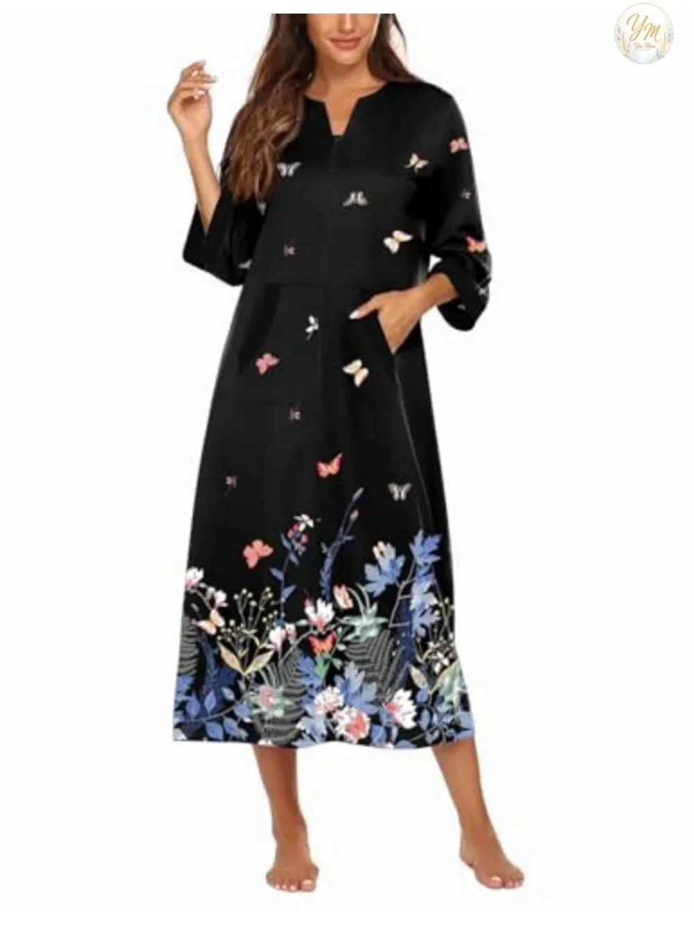 Women's Zipper Robe 3/4 Sleeve Long Housecoat with Pockets, Full Length
